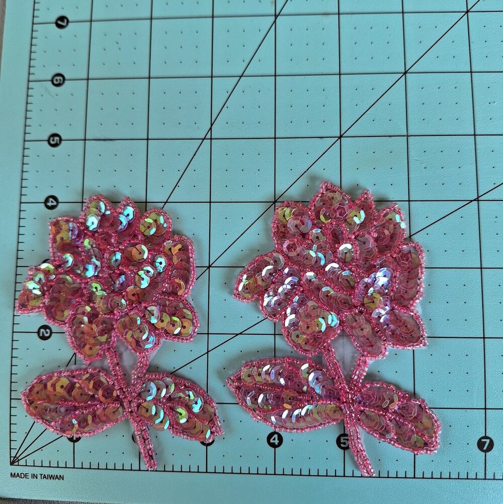 Applique Pink and Pink Iridescent Sequin and Bead Flower Set of 2